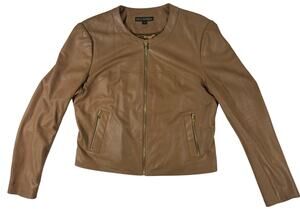 Women's Large Dark Camel Brown Moto Leather Jacket Via Spiga Gold Zip